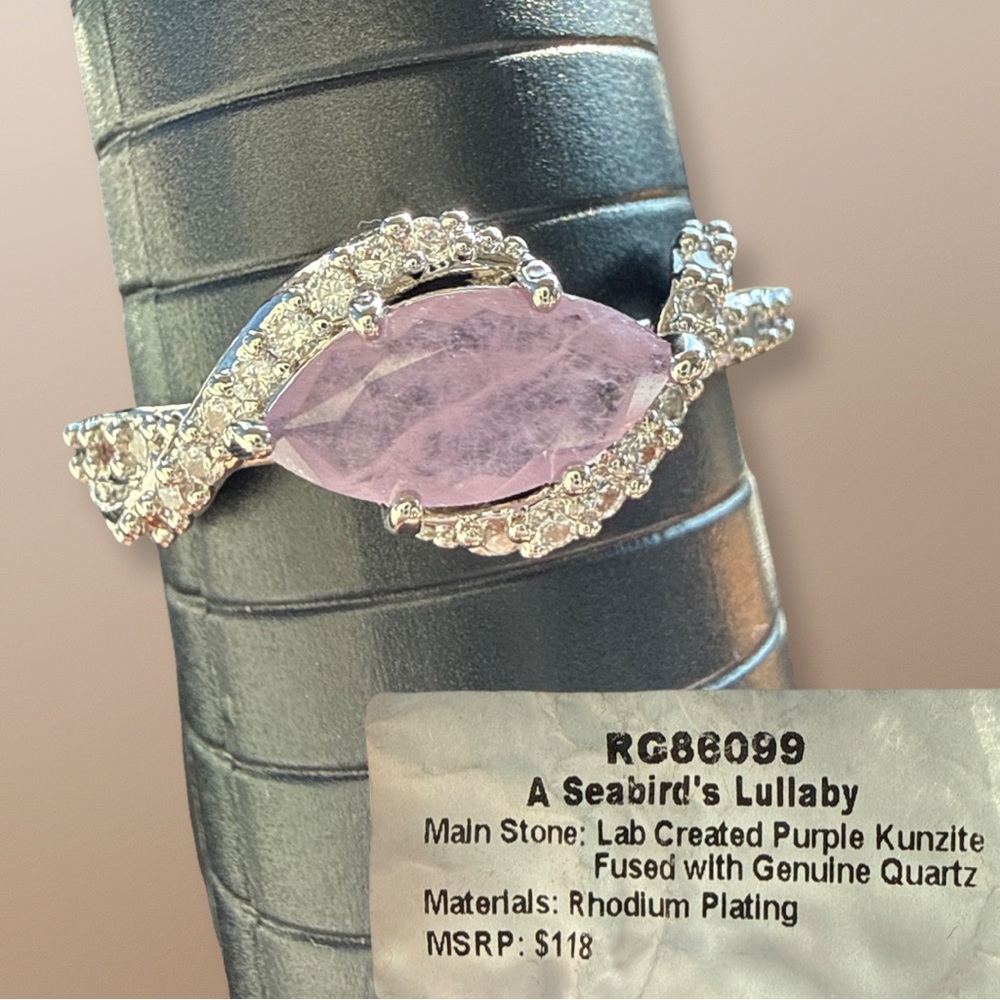 Bomb party OG, a sea birds, lullaby, purple kunzite on rhodium Sz 10